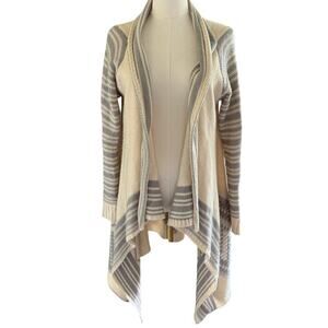 Dreamers Open Front Cardigan Cream Gray Striped Waterfall Hem Aztec Print S/M